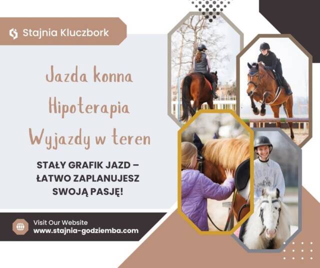 Jazda konna to nie tylko przyjemność – to intensywny trening!
Podczas jazdy pracują mięśnie nóg, brzucha, pleców i pośladków, a równocześnie poprawia się koordynacja i równowaga. To świetna alternatywa dla siłowni – w otoczeniu natury i z końmi, które motywują jak żaden trener.

Zacznij swoją przygodę z ruchem, który naprawdę daje efekty!
📞 535-101-232
🌐 www.stajnia-godziemba.com