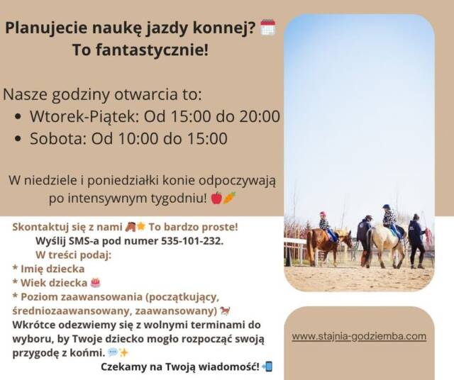 Jazda konna to nie walka, lecz porozumienie między człowiekiem a zwierzęciem. Wspólne zaufanie buduje poczucie harmonii i daje satysfakcję, której trudno szukać gdzie indziej.
Poznaj prawdziwą partnerską relację – z końmi i z samym sobą. 🤝
📞 535-101-232
🌐 www.stajnia-godziemba.com