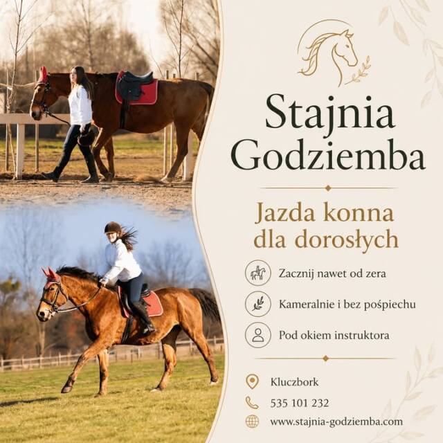 🌤 Świeże powietrze, ruch i kontakt ze zwierzęciem — proste rzeczy, których dzieci bardzo potrzebują.

Nie zawsze trzeba szukać skomplikowanych rozwiązań, żeby wspierać rozwój dziecka. Czasem największą wartość mają rzeczy najprostsze: ruch, natura, spokojne zwierzę, obecność dorosłego, który prowadzi dziecko krok po kroku.

Jazda konna łączy wszystkie te elementy.

Dziecko wychodzi z domu, spędza czas na świeżym powietrzu, rusza się, oddycha, obserwuje przyrodę i ma kontakt z żywym zwierzęciem. To zupełnie inne doświadczenie niż zajęcia przy ekranie czy w zamkniętej sali.

Podczas jazdy pracuje całe ciało. Dziecko wzmacnia mięśnie, poprawia równowagę, koordynację i postawę. Ale równie ważne jest to, że robi to w naturalny sposób — bez nudy, bez poczucia przymusu, z dużą dawką emocji i radości.

Koń uczy dziecko spokoju. Nie da się przy nim działać chaotycznie. Trzeba słuchać instruktora, zachować koncentrację i reagować na sygnały. To pomaga dzieciom lepiej panować nad sobą i uczy uważności.

Dla rodziców ogromnie ważne jest bezpieczeństwo. W Stajni Godziemba w Kluczborku dzieci są cały czas pod opieką instruktorów. Zajęcia prowadzimy na spokojnych, bezpiecznych koniach, które są przygotowane do pracy z dziećmi i osobami początkującymi.

Nie trzeba mieć wcześniejszego doświadczenia. Wystarczy chęć spróbowania. Dziecko jest wprowadzane w świat koni stopniowo, bez presji i z uwzględnieniem jego tempa.

Stajnia może stać się dla dziecka miejscem, gdzie buduje pewność siebie, uczy się cierpliwości, wzmacnia ciało i naprawdę odpoczywa od codziennego hałasu.

📩 Zapisy SMS: 535 101 232
🌐 Więcej informacji: www.stajnia-godziemba.com
📍 Stajnia Godziemba, Kluczbork