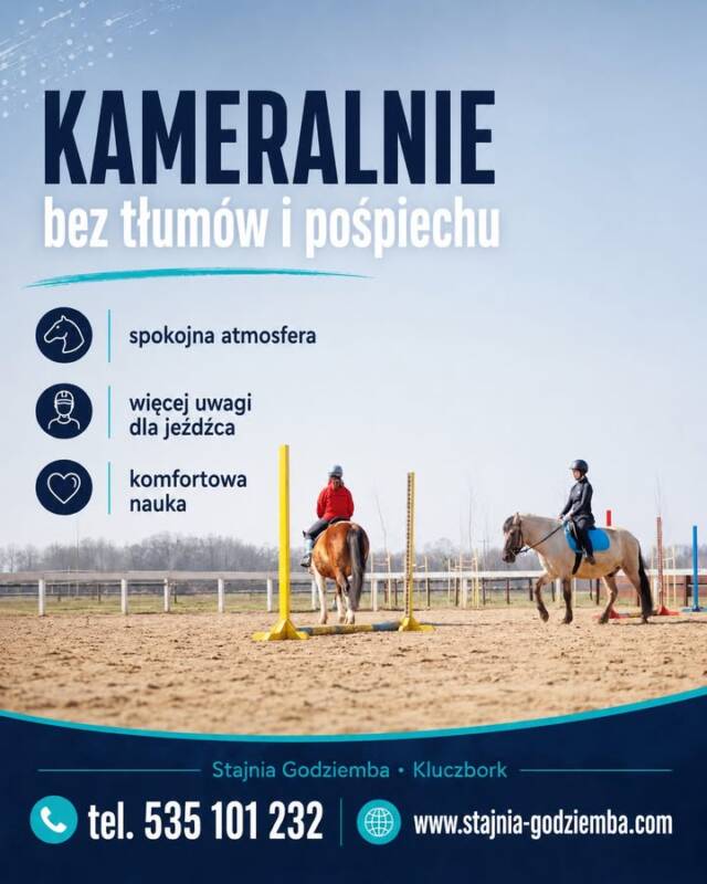 🐎 Szukasz zajęć dodatkowych dla dziecka? Wybierz coś, co naprawdę je rozwija.

Zajęcia dodatkowe powinny dawać dziecku coś więcej niż tylko wypełnienie czasu po szkole. Dobrze, jeśli rozwijają ciało, uczą odpowiedzialności, pomagają się wyciszyć i budują pewność siebie.

Właśnie taka jest jazda konna.

Podczas lekcji dziecko nie tylko siedzi w siodle. Uczy się słuchać poleceń, panować nad ciałem, utrzymywać równowagę, reagować spokojnie i współpracować z koniem. To bardzo wartościowe doświadczenie, szczególnie dla dzieci, które potrzebują ruchu, świeżego powietrza i oderwania od telefonu.

Koń wymaga uważności. Nie da się przy nim działać chaotycznie. Dziecko uczy się cierpliwości, koncentracji i szacunku do zwierzęcia. Z każdą kolejną lekcją widzi swoje postępy, a to bardzo wzmacnia poczucie własnej wartości.

W Stajni Godziemba w Kluczborku zajęcia odbywają się pod opieką instruktorów. Dbamy o spokojną atmosferę i bezpieczeństwo. Konie są przygotowane do pracy z dziećmi, młodzieżą i osobami początkującymi.

To dobre zajęcia dla dziecka, które kocha zwierzęta. Dla dziecka, które potrzebuje więcej ruchu. Dla dziecka, które łatwo się rozprasza. Dla dziecka, które potrzebuje spokojnej, mądrej aktywności poza domem.

Nie musisz od razu wiedzieć, czy to będzie pasja na lata. Wystarczy zacząć od pierwszej lekcji.

📩 Zapisy SMS: 535 101 232
Napisz wiek dziecka, poziom zaawansowania i preferowany dzień tygodnia — odeślemy wolne terminy.

🌐 www.stajnia-godziemba.com
📍 Stajnia Godziemba, Kluczbork
