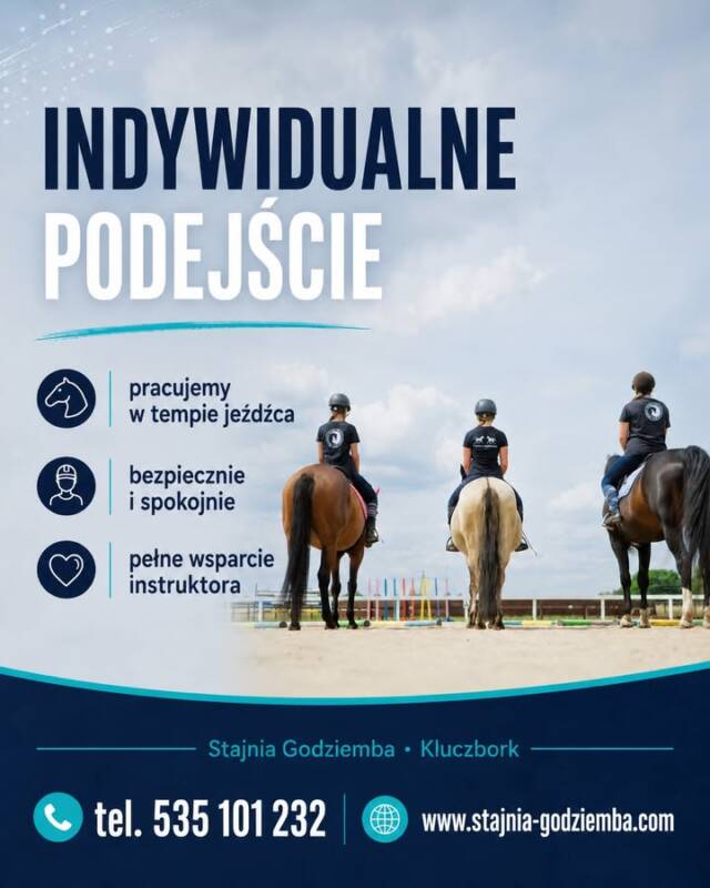 🐴 Dorośli też mogą zacząć jazdę konną. Naprawdę nie trzeba było zaczynać w dzieciństwie.

Bardzo często słyszymy od dorosłych:
„Zawsze chciałam spróbować, ale chyba już za późno.”
„Nigdy nie jeździłem, nie wiem, czy dam radę.”
„Trochę się boję, ale konie zawsze mnie fascynowały.”

Dobra wiadomość jest taka: można zacząć jako osoba dorosła.

Jazda konna nie jest zarezerwowana wyłącznie dla dzieci. Dorośli bardzo często uczą się świadomie, spokojnie i z dużą motywacją. Nie trzeba mieć wcześniejszego doświadczenia ani świetnej kondycji. Pierwsze zajęcia są po to, żeby poznać konia, oswoić się z siodłem i nauczyć podstaw w bezpiecznych warunkach.

W Stajni Godziemba w Kluczborku osoby początkujące prowadzimy krok po kroku. Instruktor jest przy Tobie, tłumaczy, pomaga i czuwa nad przebiegiem zajęć. Konie są spokojne i przygotowane do pracy z osobami, które dopiero zaczynają.

Dla dorosłych jazda konna może być czymś więcej niż sportem. To czas dla siebie, aktywność na świeżym powietrzu, odcięcie od pracy, telefonu i codziennego pośpiechu. To ruch, który wzmacnia ciało, poprawia postawę, uczy równowagi i daje ogromną satysfakcję.

Nie musisz od razu deklarować wielkiej pasji. Możesz po prostu przyjść i sprawdzić, jak się z tym czujesz.

Jeśli od dawna myślisz o jeździe konnej, to może właśnie teraz jest dobry moment, żeby przestać tylko myśleć.

📩 Zapisy SMS: 535 101 232
🌐 www.stajnia-godziemba.com
📍 Stajnia Godziemba, Kluczbork