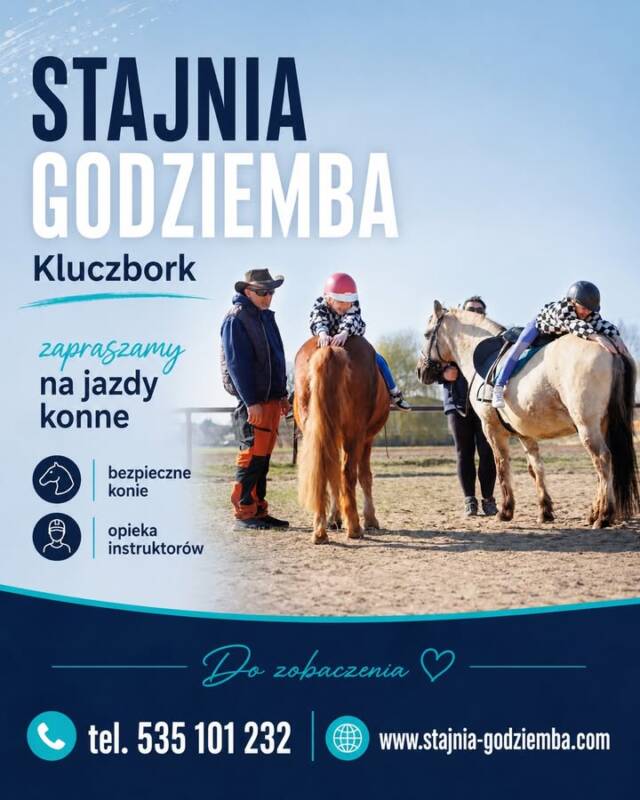 🧡 Pierwsza lekcja jazdy konnej — czego możesz się spodziewać?

Wielu rodziców i dorosłych przed pierwszą lekcją ma podobne pytania:
Czy dziecko sobie poradzi?
Czy koń będzie spokojny?
Czy instruktor będzie cały czas obok?
Czy trzeba mieć własny sprzęt?
Czy można zacząć bez doświadczenia?

Odpowiedź brzmi: tak, można zacząć od zera.

Pierwsza lekcja nie polega na tym, żeby od razu wszystko umieć. To czas na spokojne poznanie konia, oswojenie się z wysokością, ruchem i podstawowymi zasadami. Instruktor prowadzi zajęcia krok po kroku, tłumaczy, co robić, i przez cały czas czuwa nad bezpieczeństwem.

W Stajni Godziemba w Kluczborku pracujemy na spokojnych koniach przygotowanych do nauki jazdy. To bardzo ważne, szczególnie przy dzieciach, młodzieży i osobach dorosłych, które dopiero zaczynają albo wracają po długiej przerwie.

Podczas zajęć uczymy nie tylko jazdy. Uczymy też właściwego zachowania przy koniu, spokojnej komunikacji, cierpliwości i odpowiedzialności. To wszystko sprawia, że lekcja ma wartość nie tylko sportową, ale też wychowawczą i emocjonalną.

Dzieci zyskują ruch, skupienie i kontakt ze zwierzęciem. Młodzież może oderwać się od telefonu i szkolnego napięcia. Dorośli mają chwilę dla siebie i aktywność, która pozwala naprawdę odetchnąć.

Najtrudniejszy jest pierwszy krok — wysłanie wiadomości i umówienie terminu. Resztą zajmiemy się razem na miejscu.

📩 Napisz SMS: 535 101 232
Podaj wiek, poziom zaawansowania i preferowany dzień, a odeślemy dostępne terminy.

🌐 www.stajnia-godziemba.com
📍 Stajnia Godziemba, Kluczbork